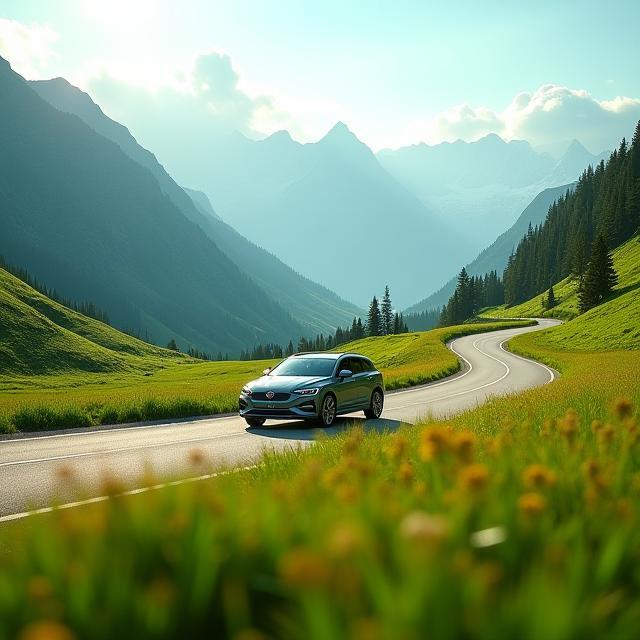 Alpenlandschaft mit emissionsarmem Fahrzeug
